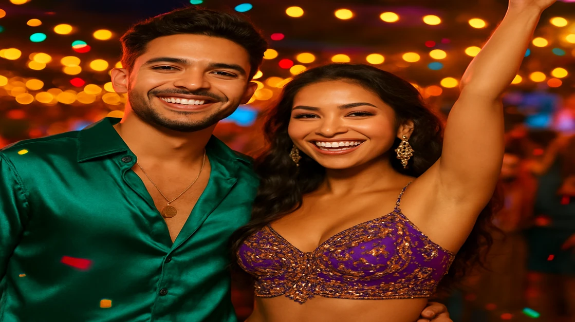 রঙিন কার্নিভাল পোশাকে একটি সুখী ও আকর্ষণীয় জুটি একটি প্রাণবন্ত বাইরে উৎসবে উদযাপন করছেন, যেখানে তারা একসঙ্গে খেলা খেলার মজা, সামাজিকতা ও উত্তেজনাপূর্ণ পরিবেশকে new pk-এ উপভोग করছেন।