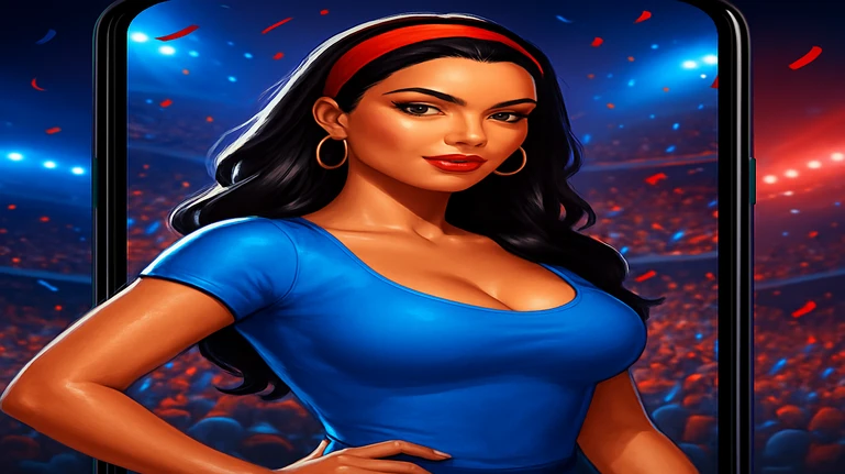 একজন স্টাইলিশ নারী ক্রীড়া ভক্ত ট্যাটুসহ ভিড়ভরা স্টেডিয়ামে উল্লাস করছেন, তার ছবি একটি স্মার্টফোনে বন্দী; new pk অ্যাপের মাধ্যমে ক্রিয়ার ঠিক মাঝখানে থাকার গভীর মুগ্ধতা প্রকাশ পাচ্ছে।